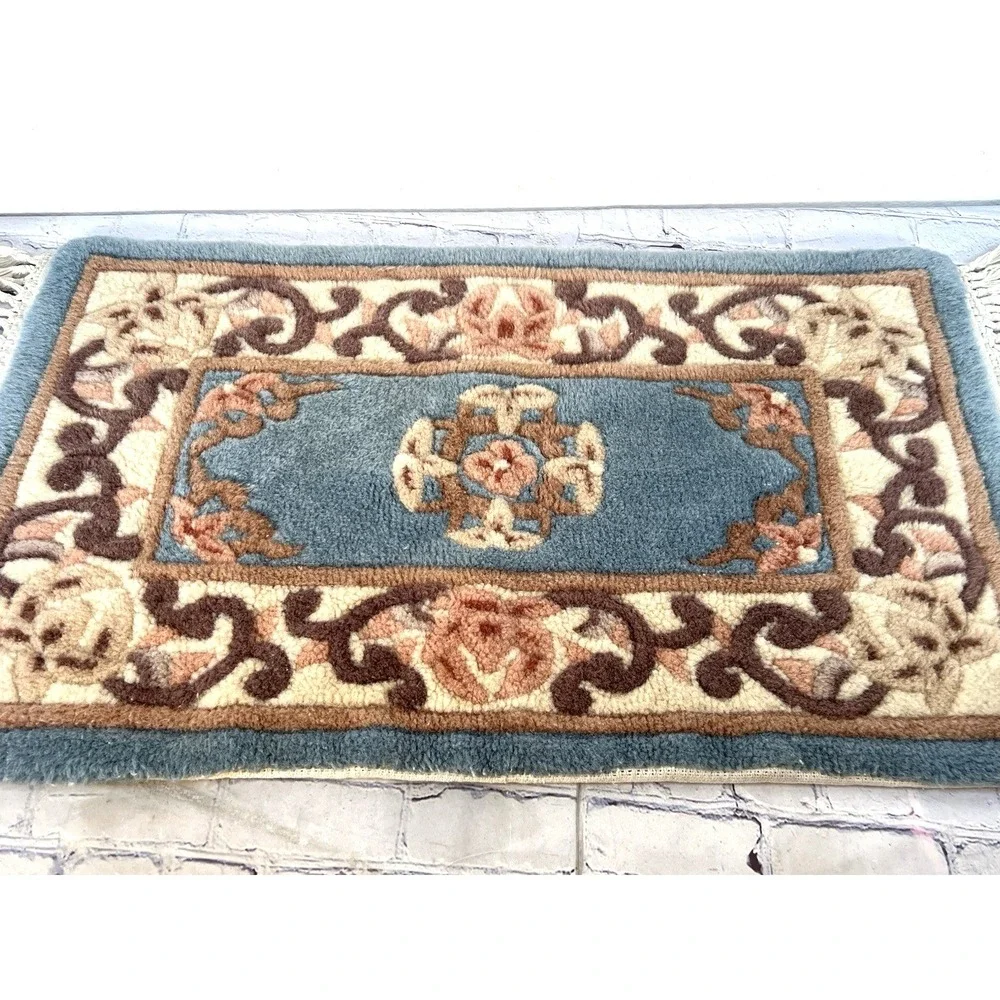 vtg Chinese Abbuson hand tufted high grade wool area rug blue peach 38 x 17